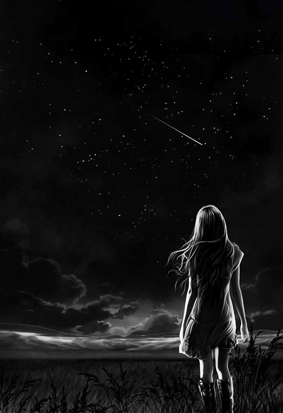 Illustration - Mädchen blickt in den schwarzen Nachthimmel